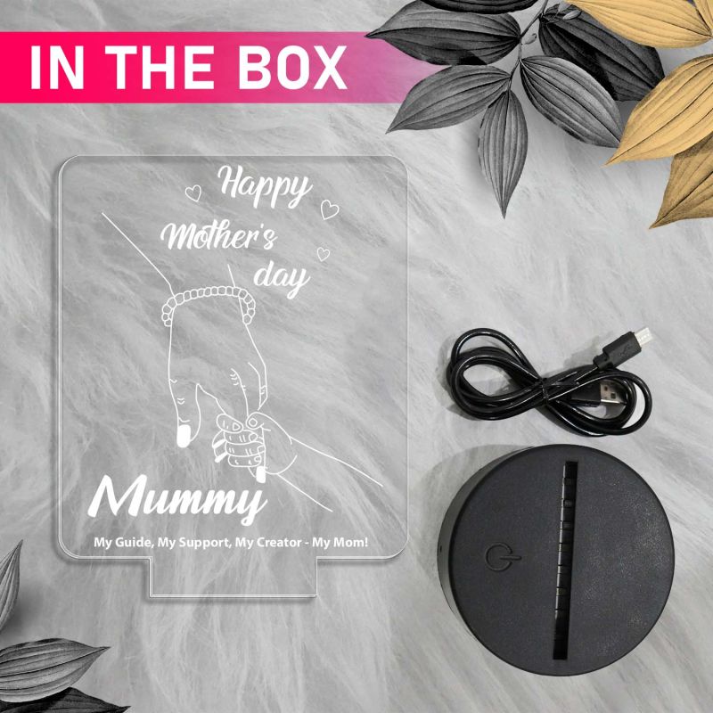 Happy Mothers Day 3D Illusion Night Lamp with Warm White Light & USB Powered | Mom Hand Holding Design Emotional Gift for Mom from Daughter & Son